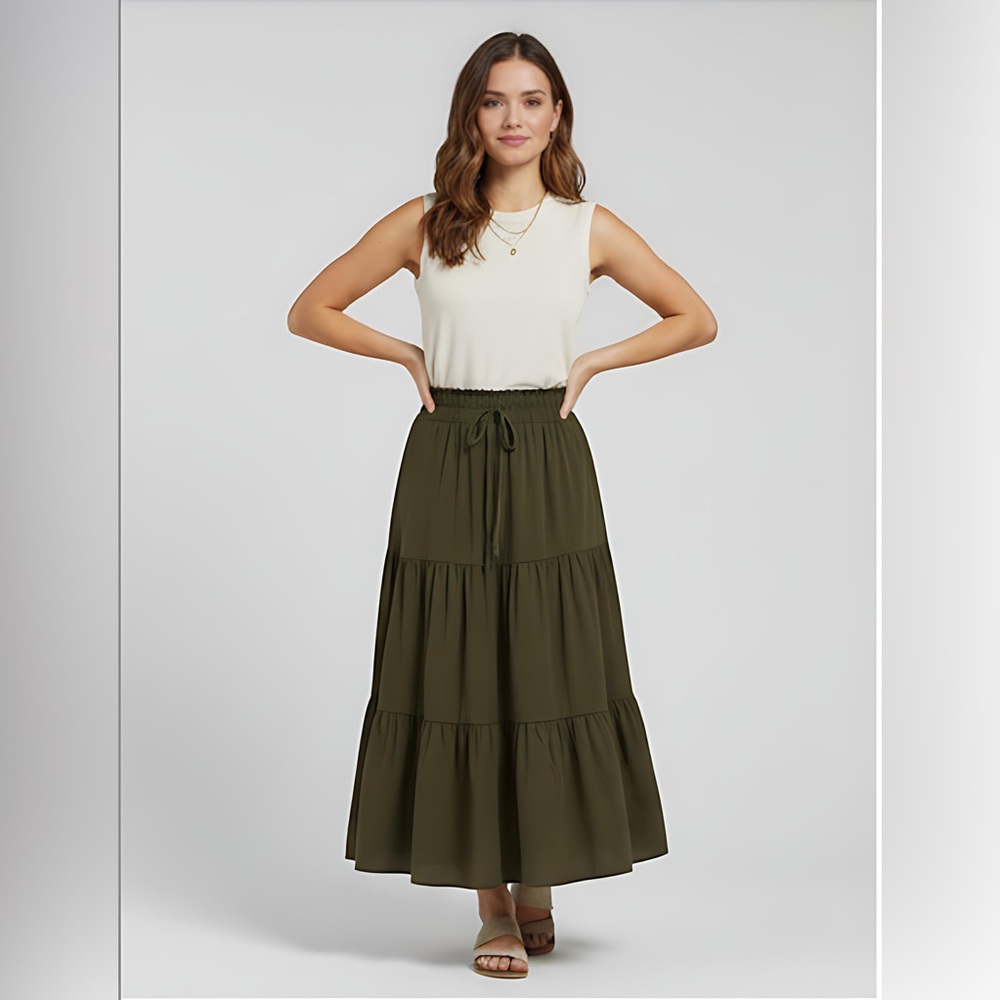 Army Green  Boho Tiered Ruched Skirt